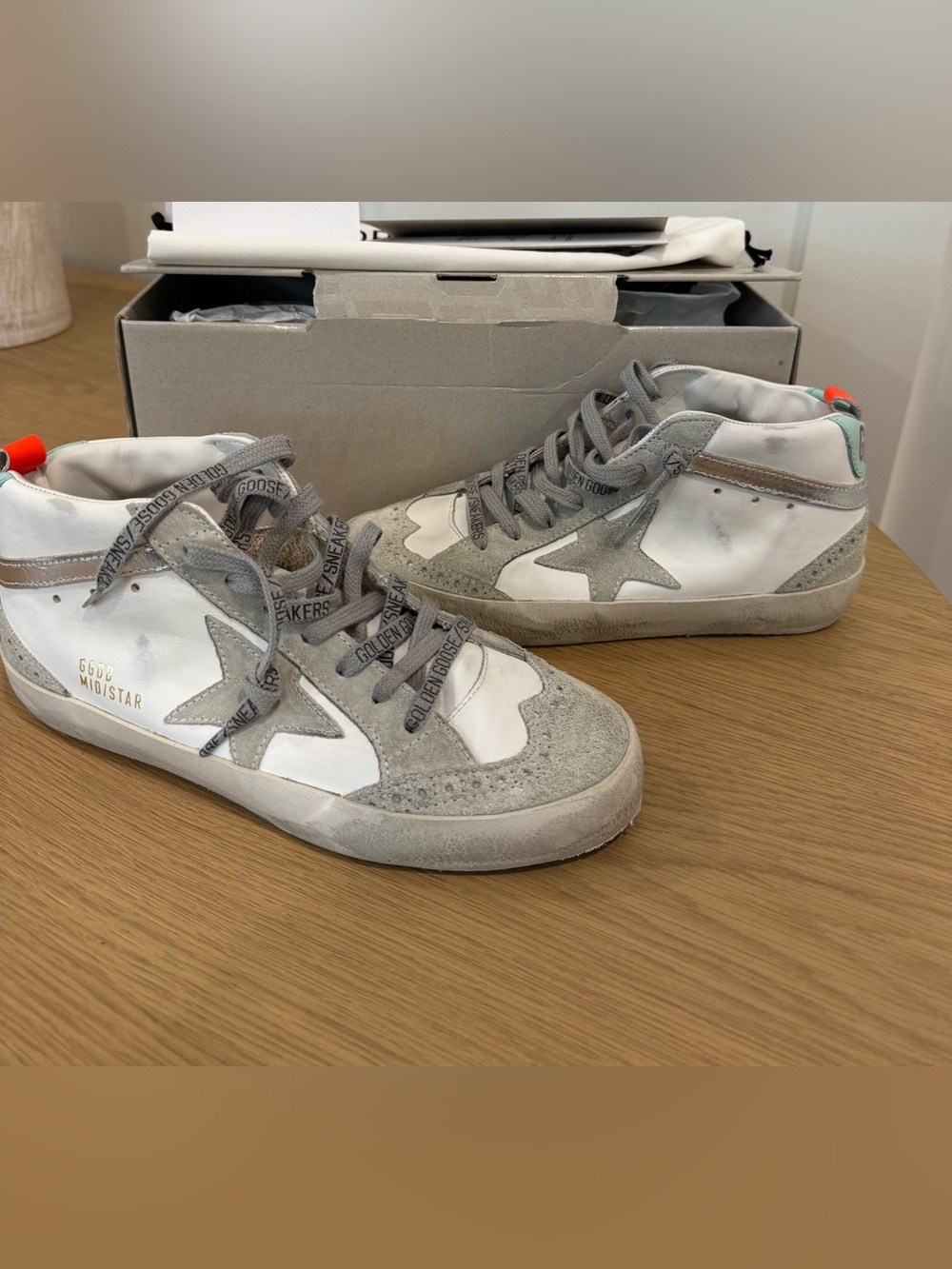 Golden Goose Mid Star High-Top Sneakers in White & Gray